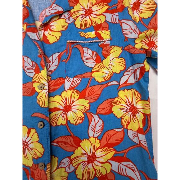 Faherty Linen Blend Floral Camp Shirt Button Blue Yellow Orange Womens Size 2 - Picture 5 of 10